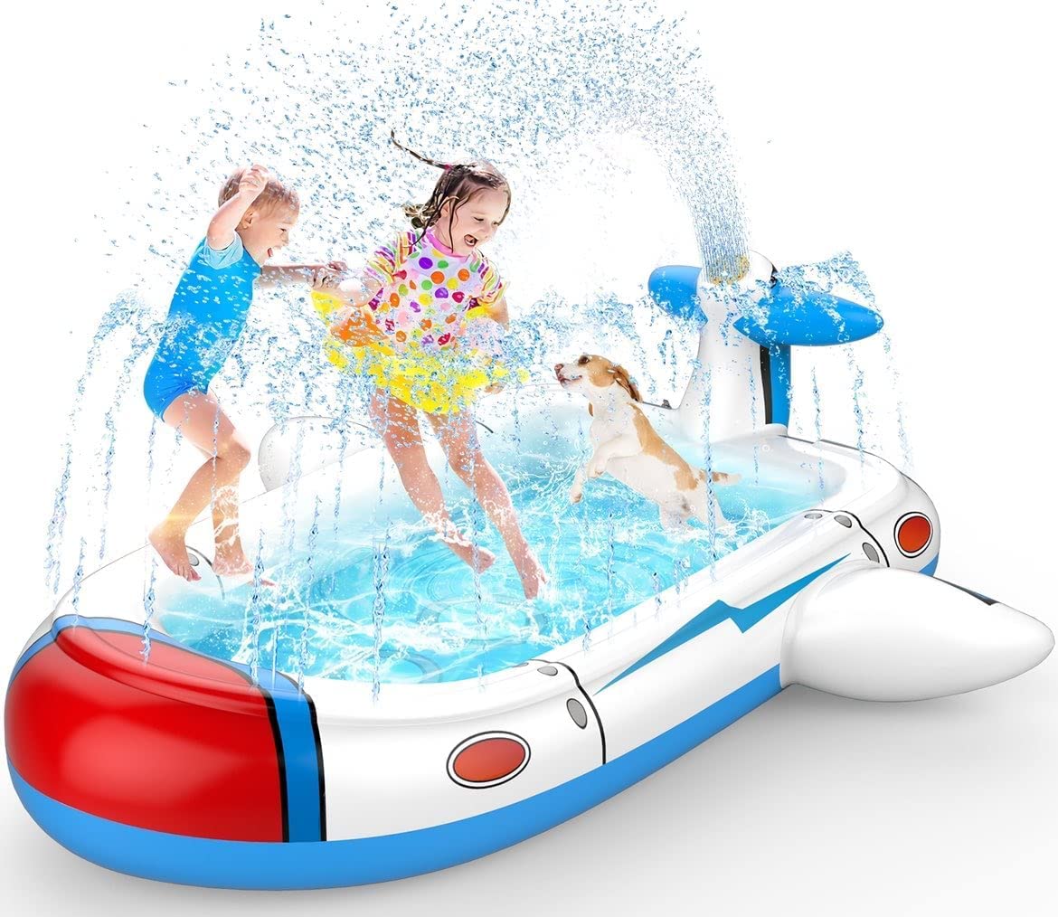   Air-Plane-Inflatable-Splash-Pad-Sprinkler-Pool-for-Kids_with 2 kids and dog
